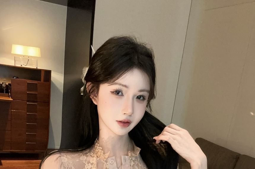 Stand-Collar Long-Sleeve Lace Blouse, Button-Up