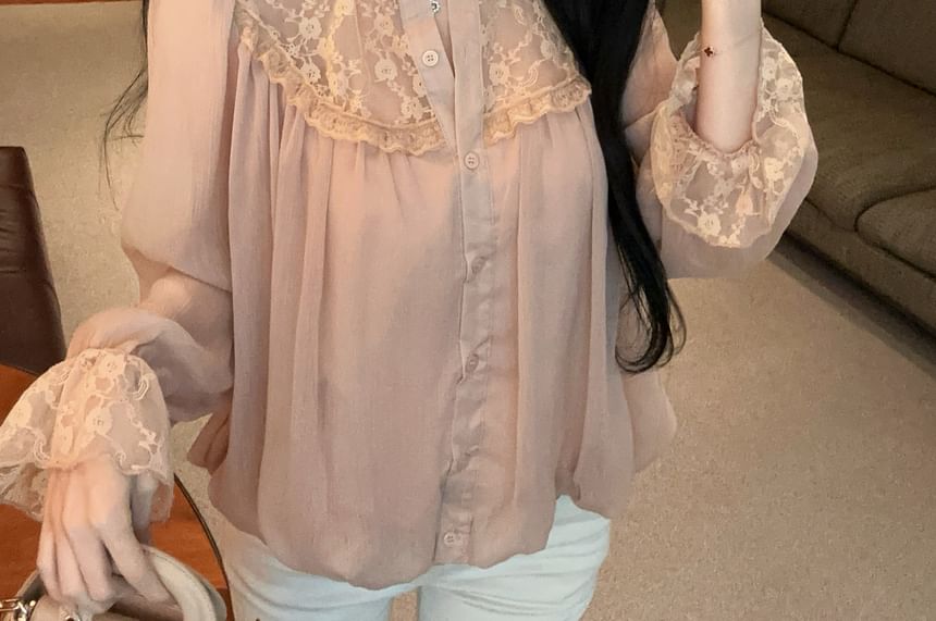 Stand-Collar Long-Sleeve Lace Blouse, Button-Up
