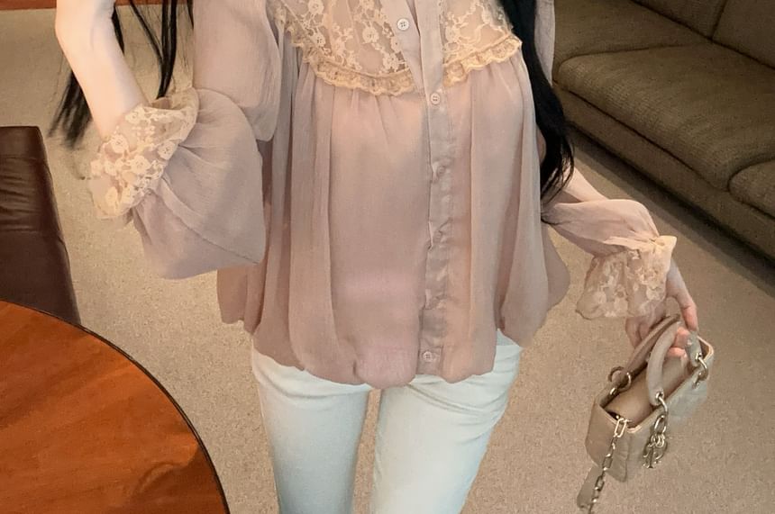 Stand-Collar Long-Sleeve Lace Blouse, Button-Up