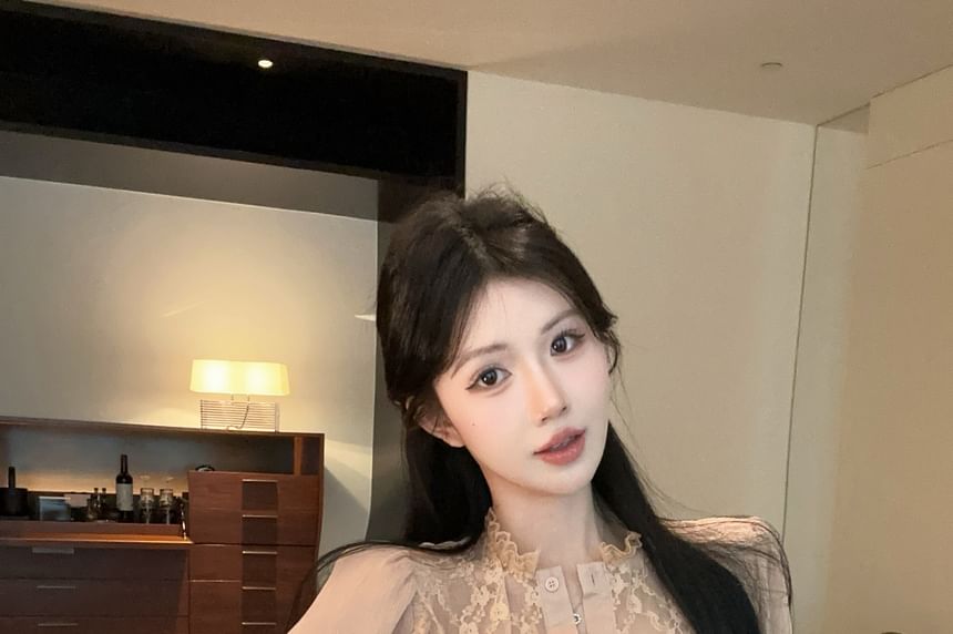 Stand-Collar Long-Sleeve Lace Blouse, Button-Up