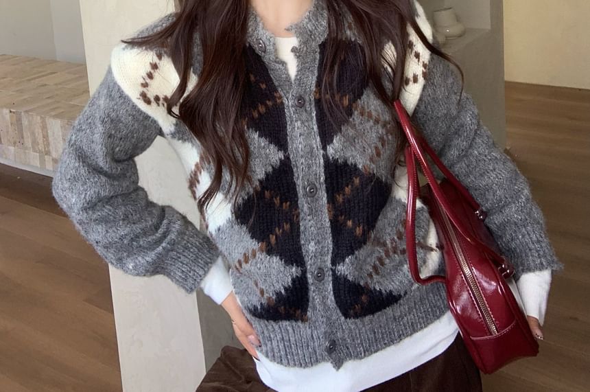 Round Neck Argyle Cardigan