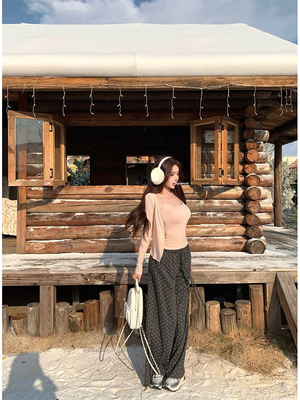 Scoop Neck Plain Crop Camisole Top / V-Neck Button-Up Cardigan / Drawstring Waist Polka Dot Wide Leg Pants / Set