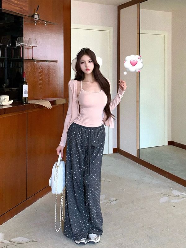 Scoop Neck Plain Crop Camisole Top / V-Neck Button-Up Cardigan / Drawstring Waist Polka Dot Wide Leg Pants / Set