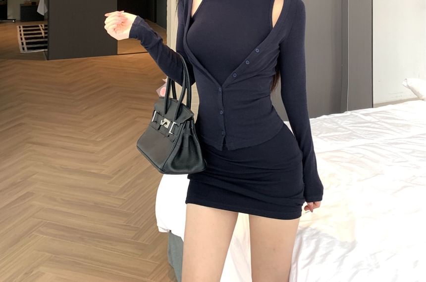 Set: Sleeveless Mock Neck Plain Mini Sheath Dress + V-Neck Button-Up Crop Cardigan