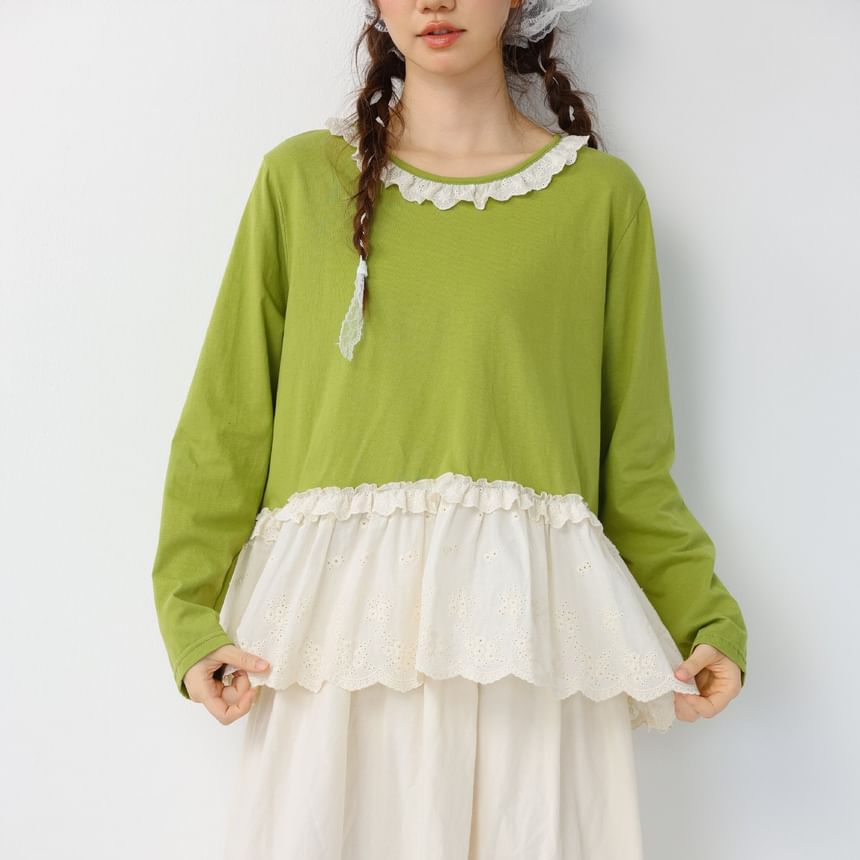 Drop Shoulder Round Neck Lace Panel T-Shirt