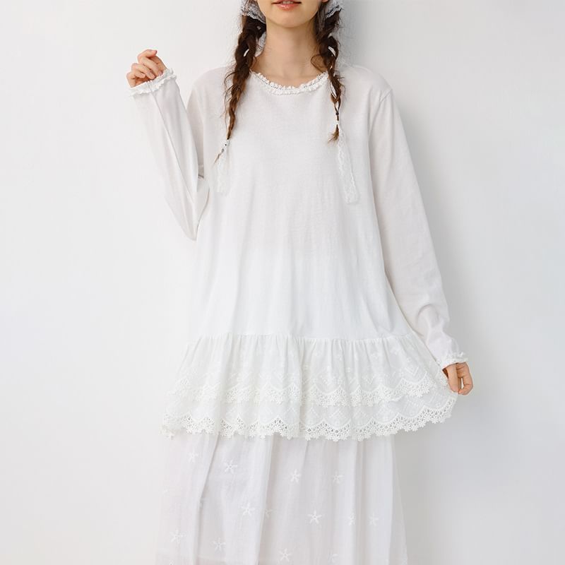 Round Neck Long Sleeve Lace Trim Tunic