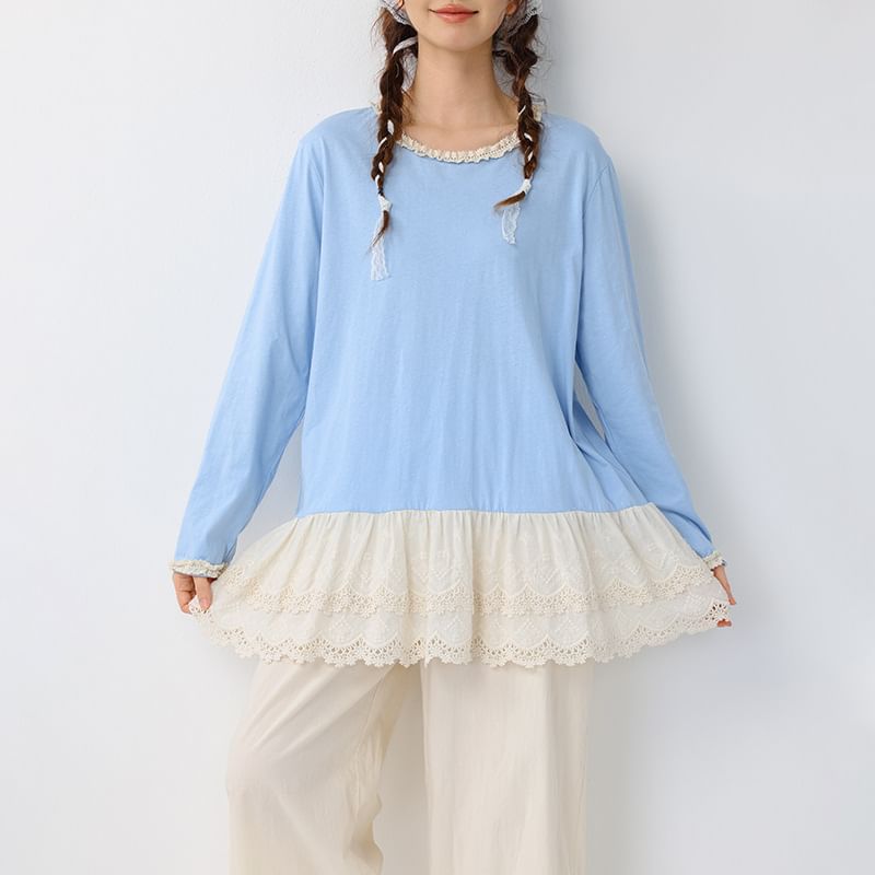 Round Neck Long Sleeve Lace Trim Tunic