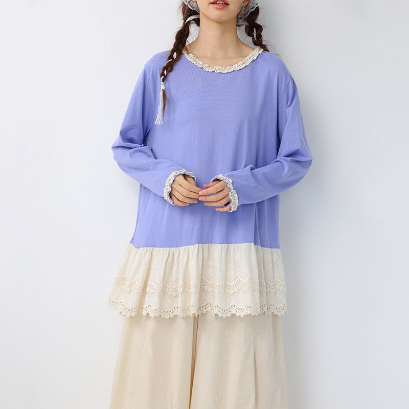 Round Neck Long Sleeve Lace Trim Tunic