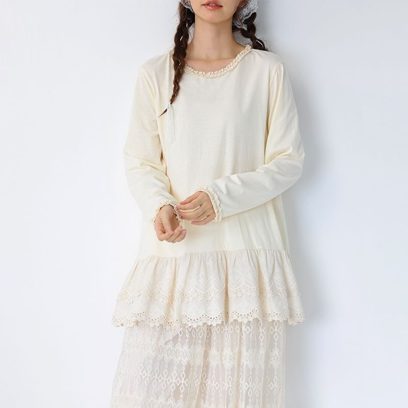 Round Neck Long Sleeve Lace Trim Tunic
