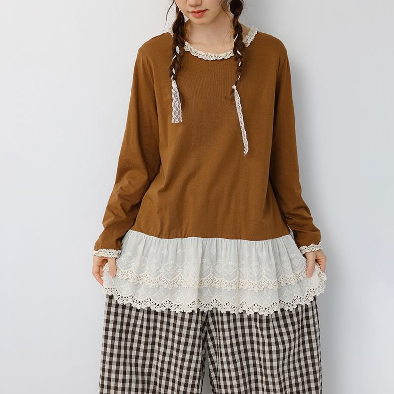 Round Neck Long Sleeve Lace Trim Tunic