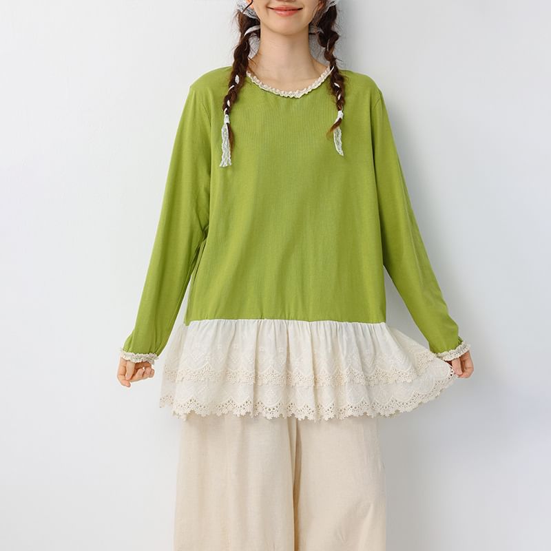 Round Neck Long Sleeve Lace Trim Tunic