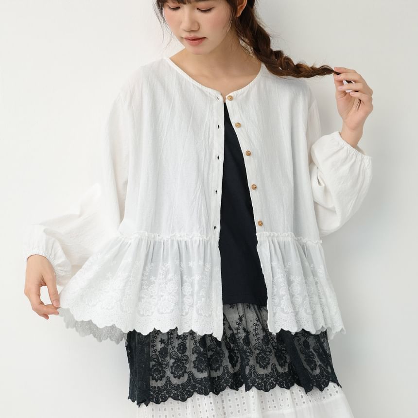 Round Neck Long Sleeve Lace Trim Button Blouse
