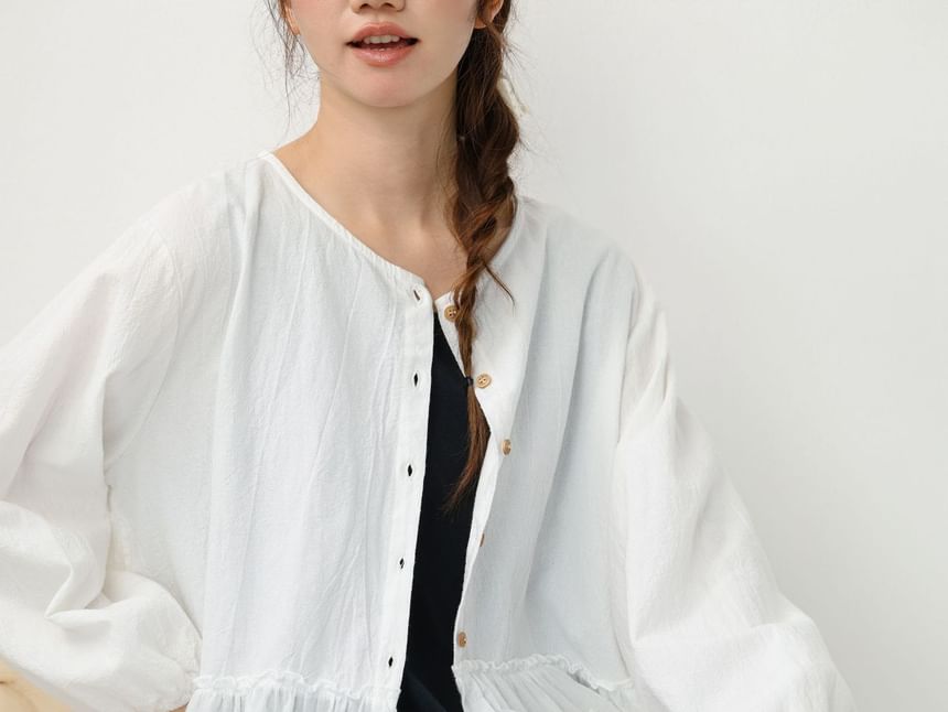 Round Neck Long Sleeve Lace Trim Button Blouse
