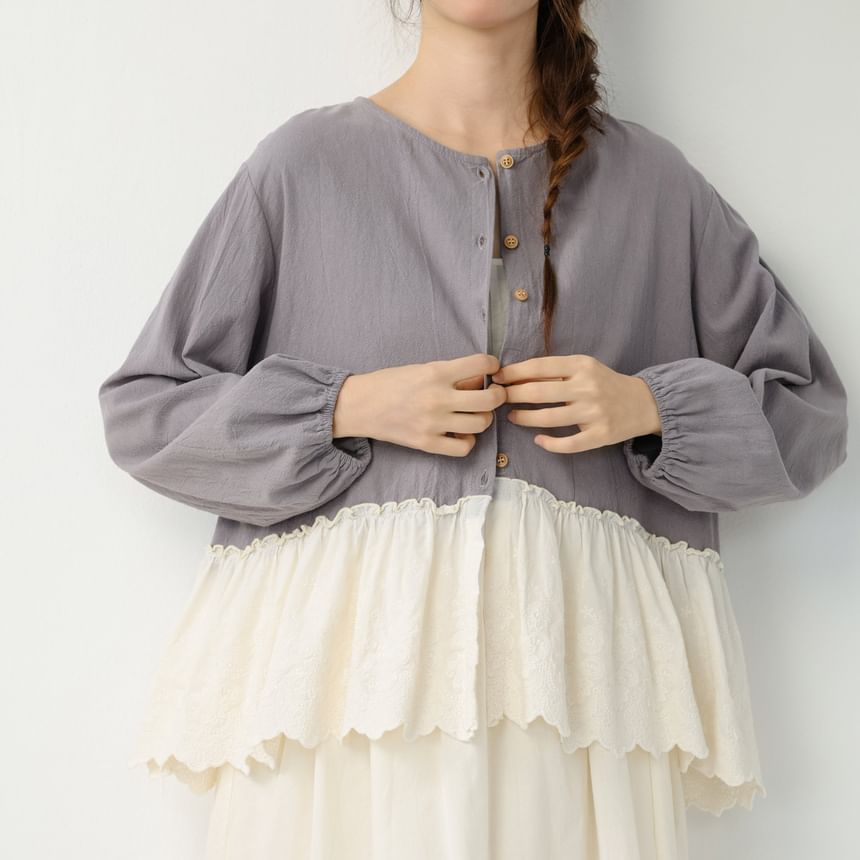 Round Neck Long Sleeve Lace Trim Button Blouse