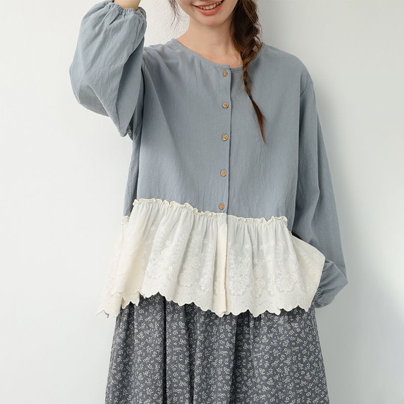 Round Neck Long Sleeve Lace Trim Button Blouse