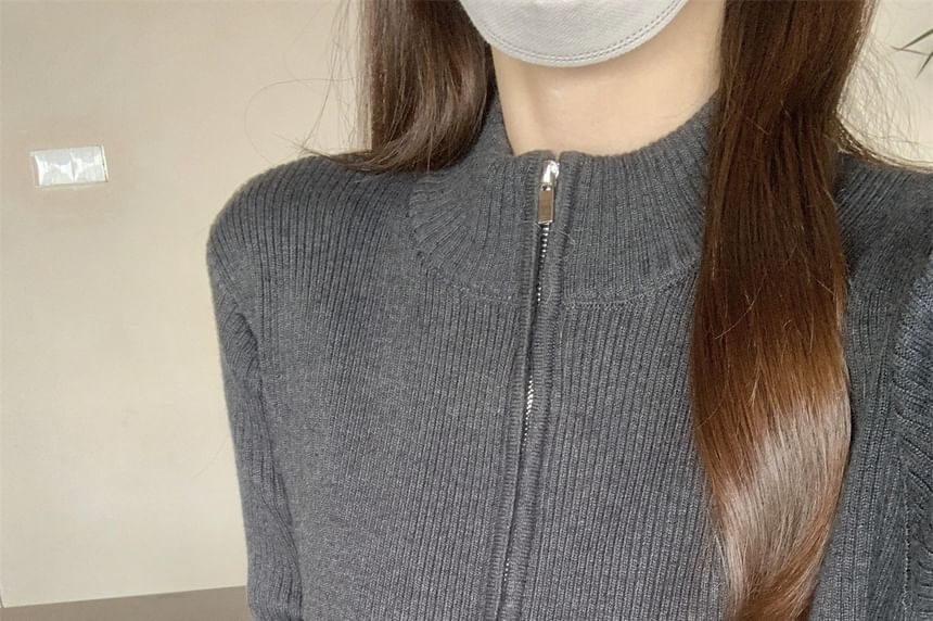 Mock Neck Plain Ribbed Zip Cardigan