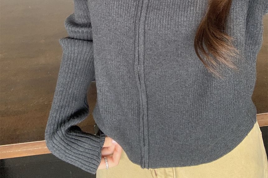 Mock Neck Plain Ribbed Zip Cardigan