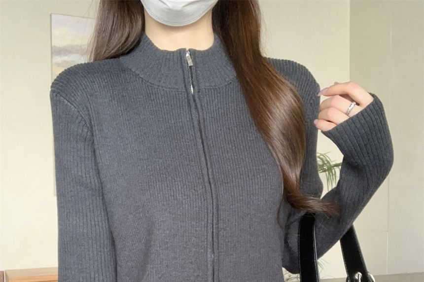 Mock Neck Plain Ribbed Zip Cardigan