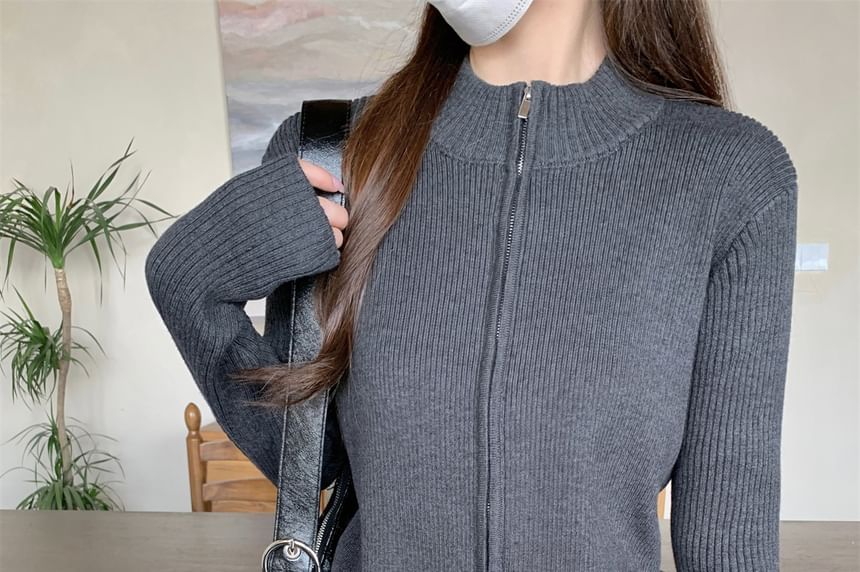 Mock Neck Plain Ribbed Zip Cardigan