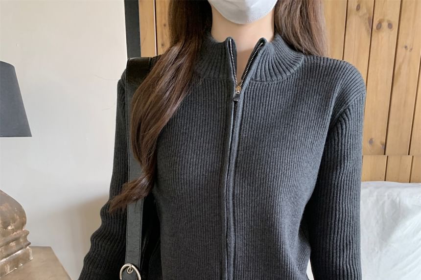 Mock Neck Plain Ribbed Zip Cardigan