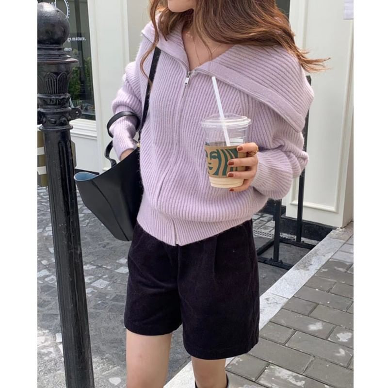 Plain Collared Ribbed Zip Cardigan