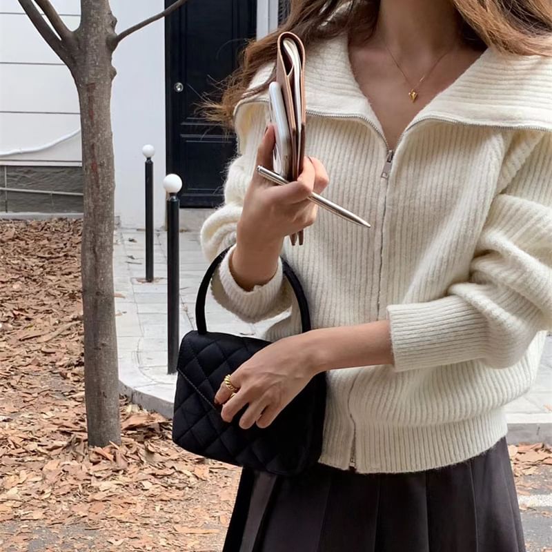 Plain Collared Ribbed Zip Cardigan