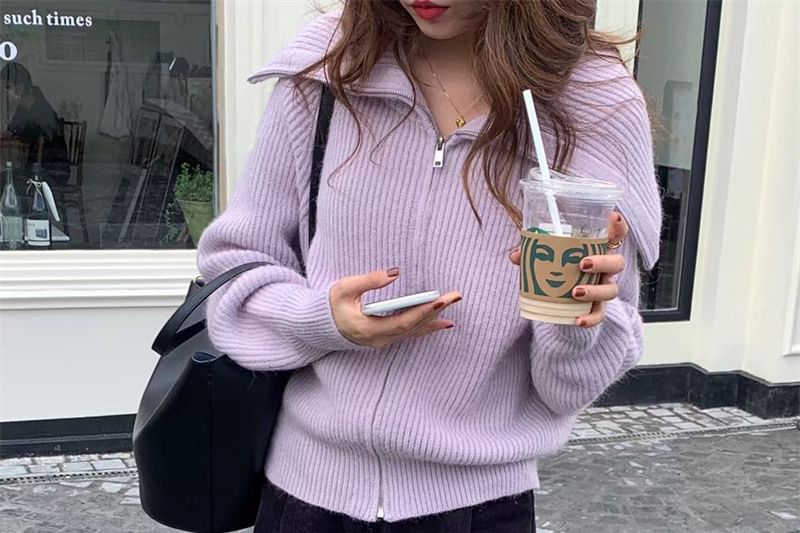 Plain Collared Ribbed Zip Cardigan