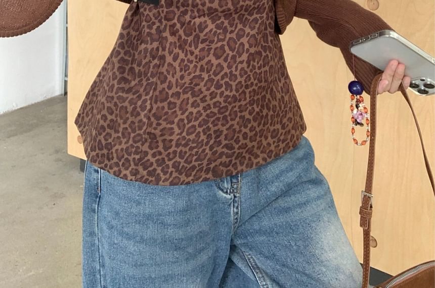 Sleeveless Square Neck Leopard Print Top / V-Neck Plain Crop Cardigan