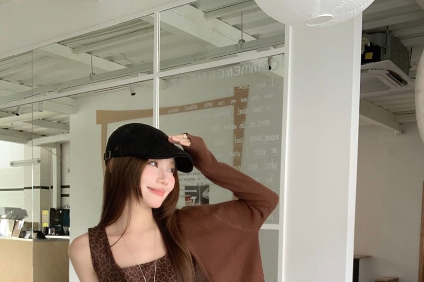 Sleeveless Square Neck Leopard Print Top / V-Neck Plain Crop Cardigan