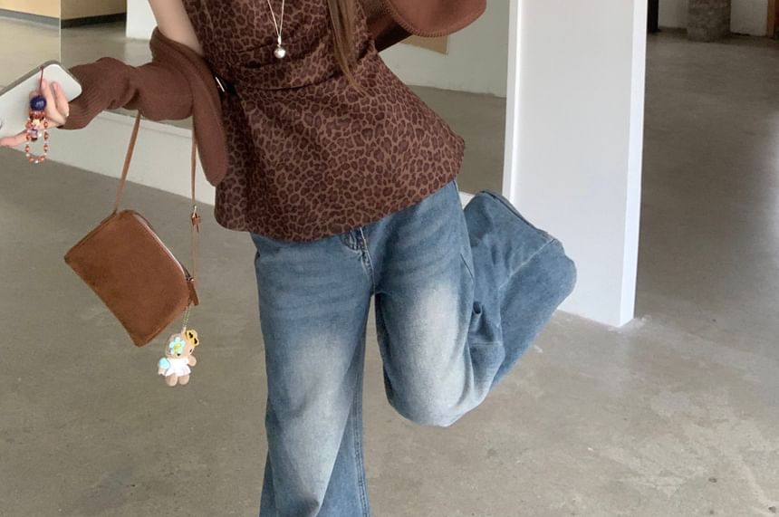 Sleeveless Square Neck Leopard Print Top / V-Neck Plain Crop Cardigan