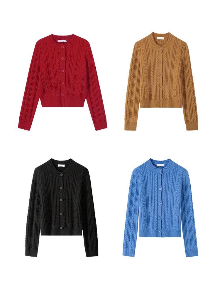 Crew Neck Button-Up Plain Cable Knit Crop Cardigan