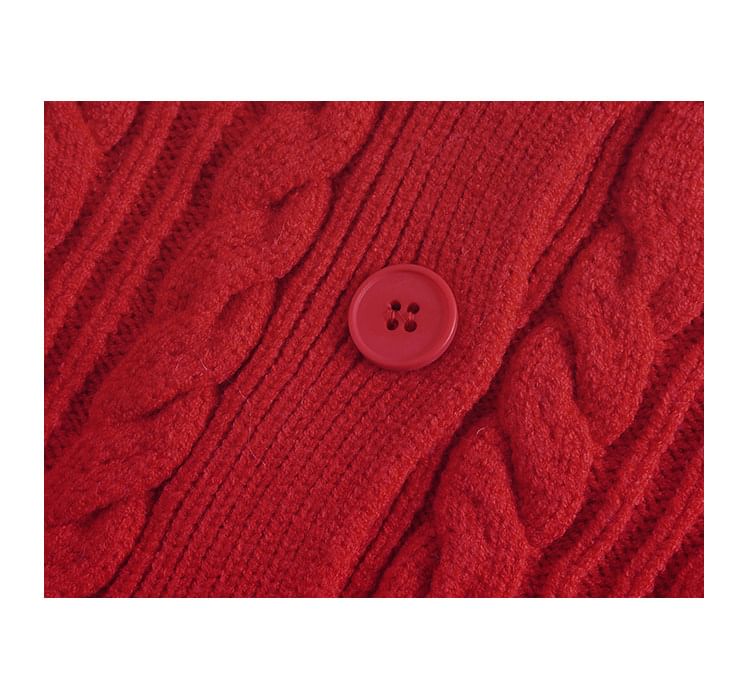 Crew Neck Button-Up Plain Cable Knit Crop Cardigan