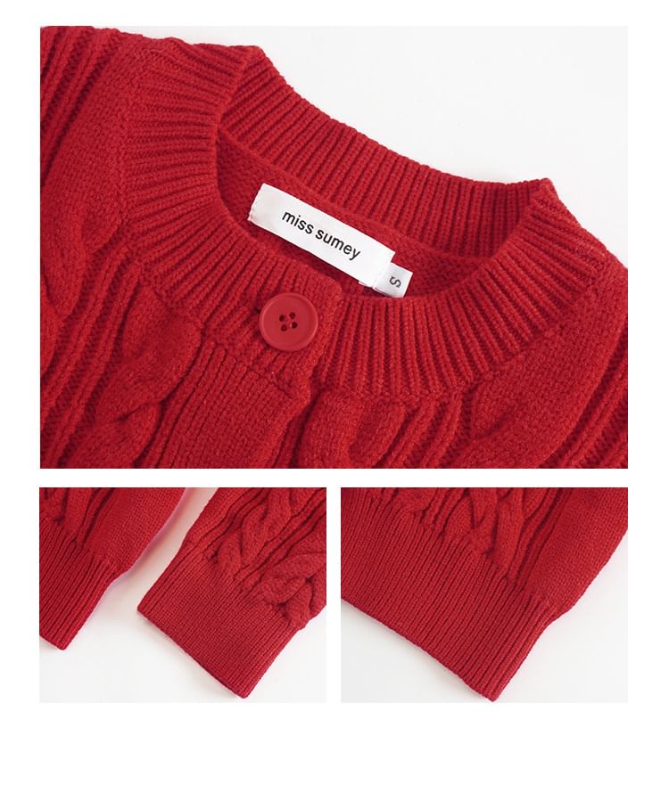 Crew Neck Button-Up Plain Cable Knit Crop Cardigan