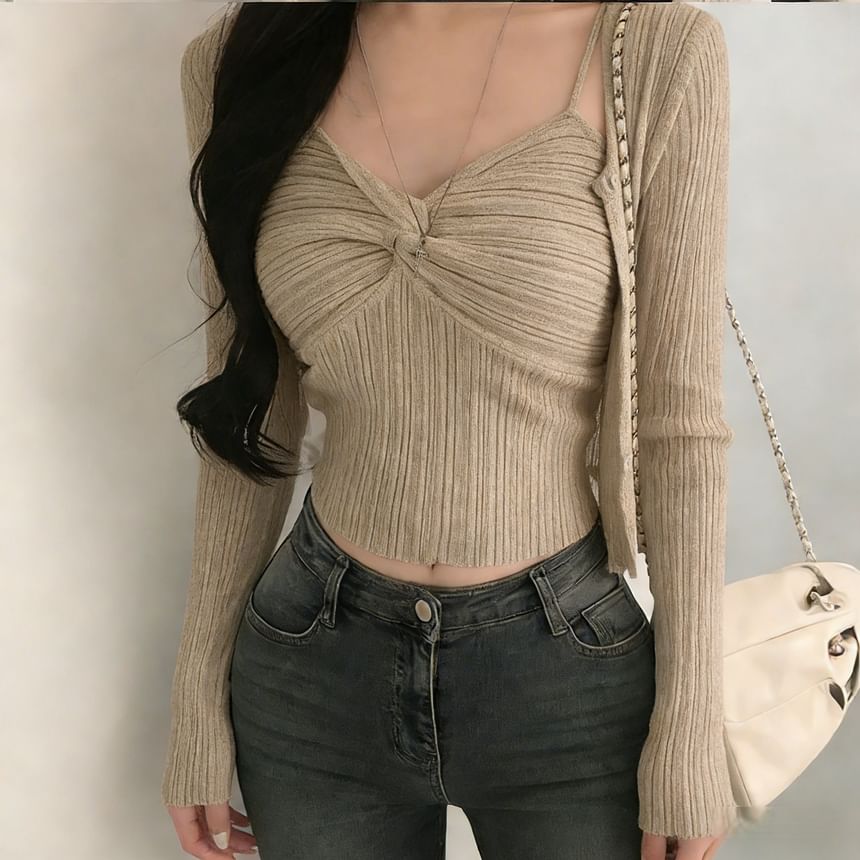 Set: V-Neck Plain Knit Crop Camisole Top + Cardigan
