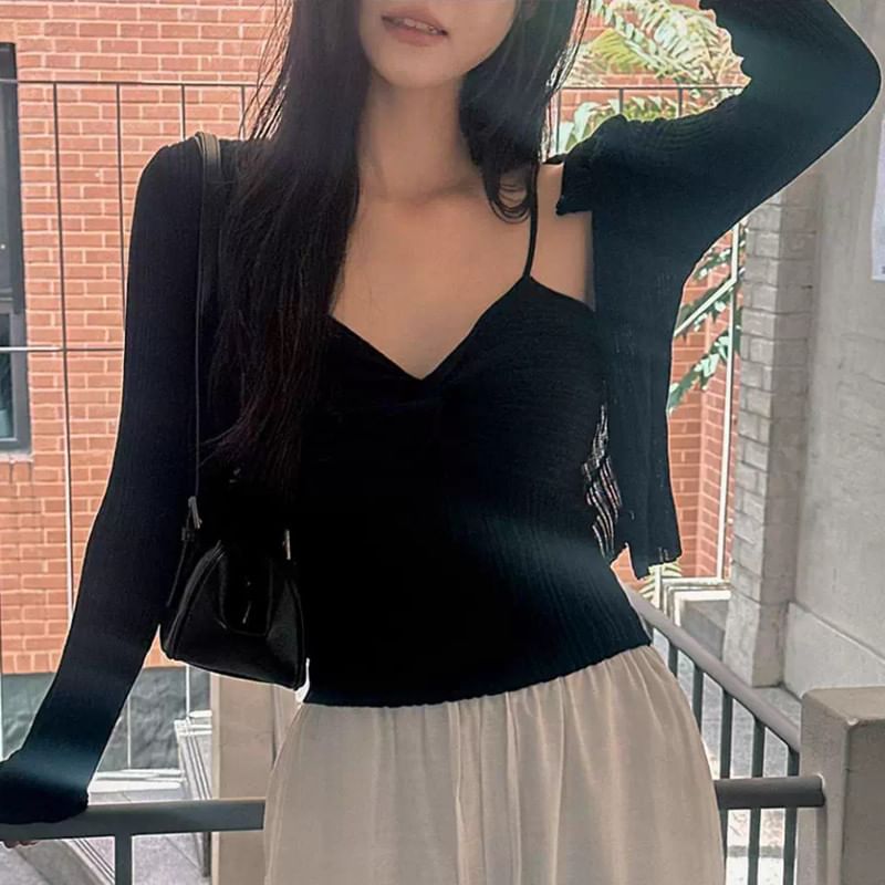 Set: V-Neck Plain Knit Crop Camisole Top + Cardigan