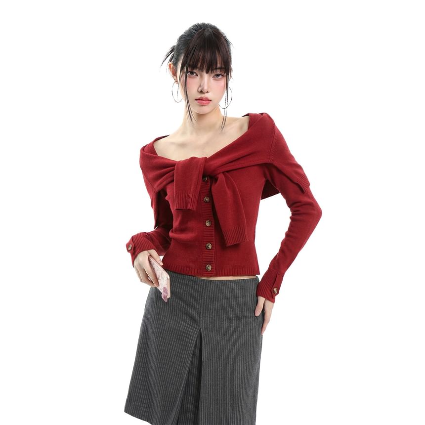 Mock Two-Piece Scoop Neck Button-Up Plain Crop Cardigan