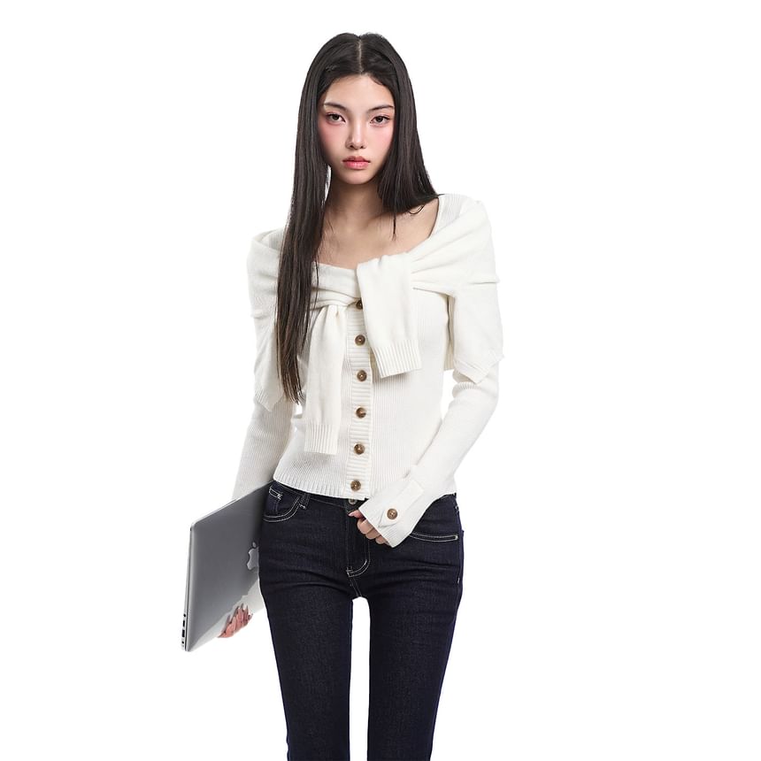 Mock Two-Piece Scoop Neck Button-Up Plain Crop Cardigan