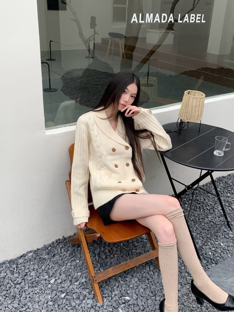 Shawl Collar Cable Knit Double Breasted Cardigan