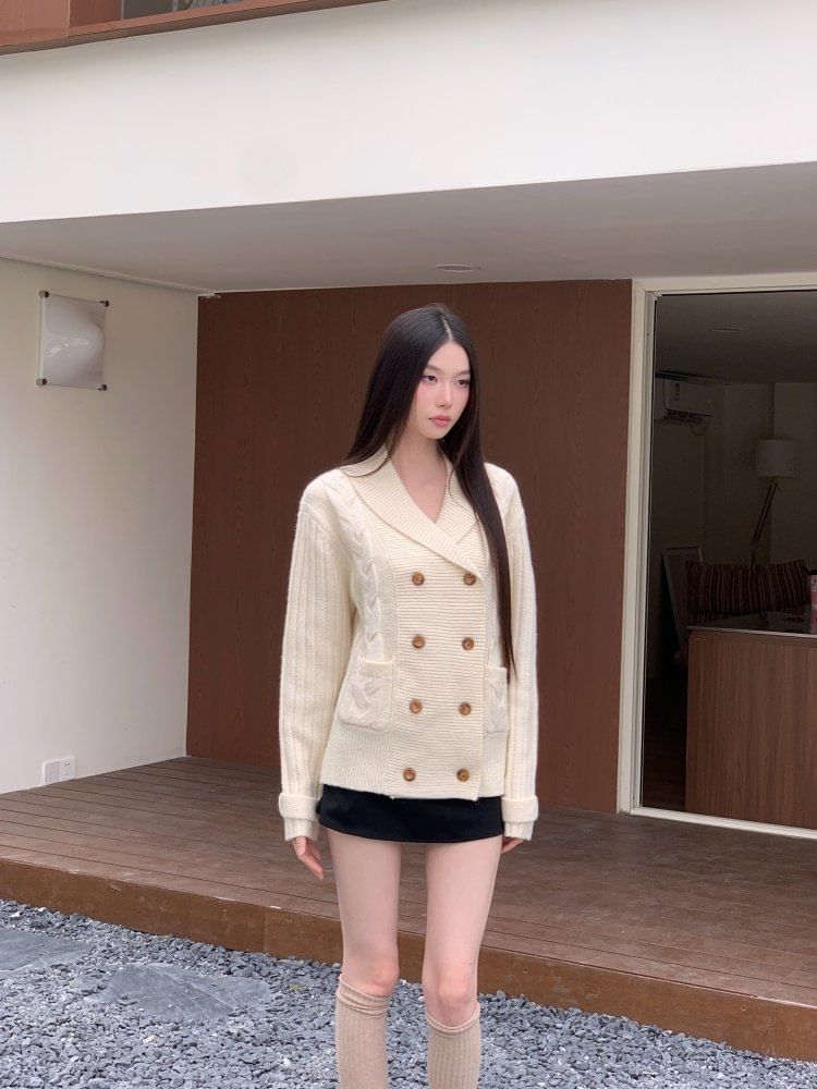 Shawl Collar Cable Knit Double Breasted Cardigan