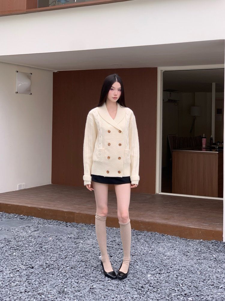 Shawl Collar Cable Knit Double Breasted Cardigan