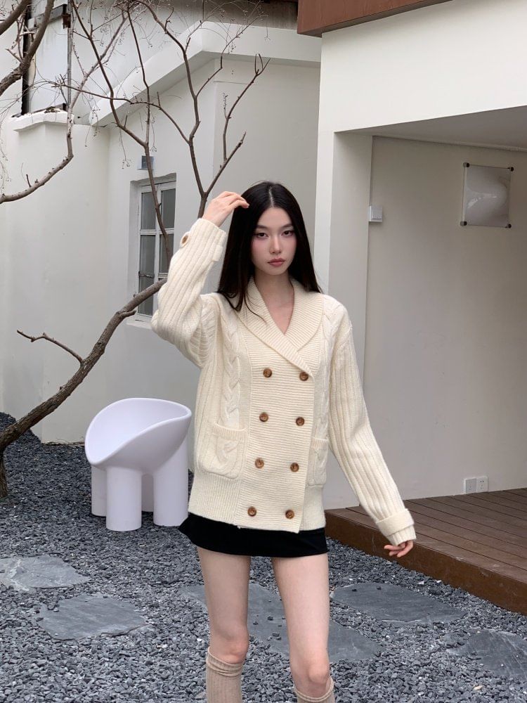 Shawl Collar Cable Knit Double Breasted Cardigan