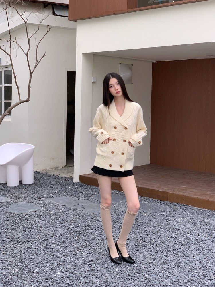 Shawl Collar Cable Knit Double Breasted Cardigan