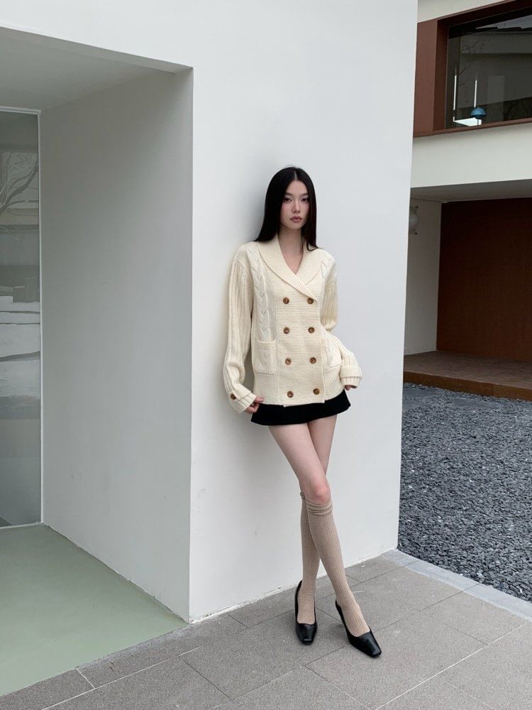 Shawl Collar Cable Knit Double Breasted Cardigan