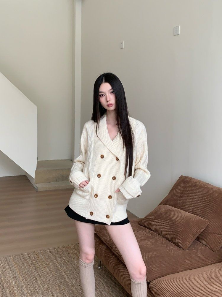 Shawl Collar Cable Knit Double Breasted Cardigan