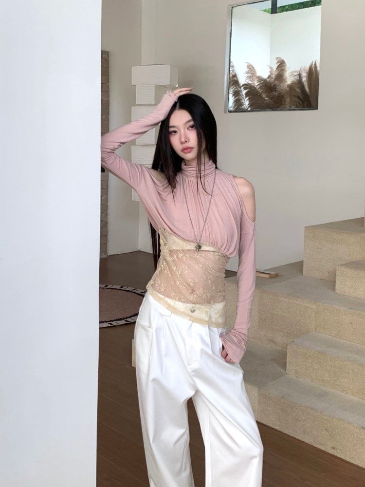 Cold Shoulder Mock Neck Lace Panel T-Shirt