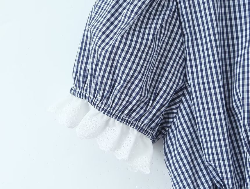 Puff Sleeve V-Neck Lace Trim Plaid Fitted Blouse and Mini Pleated Skirt