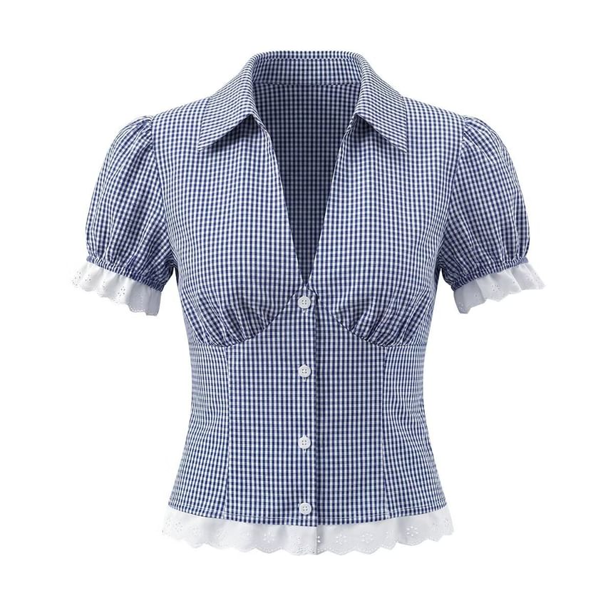 Puff Sleeve V-Neck Lace Trim Plaid Fitted Blouse and Mini Pleated Skirt