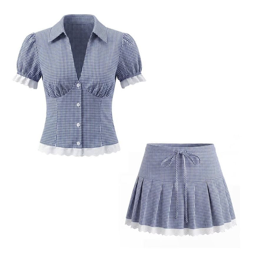 Puff Sleeve V-Neck Lace Trim Plaid Fitted Blouse and Mini Pleated Skirt