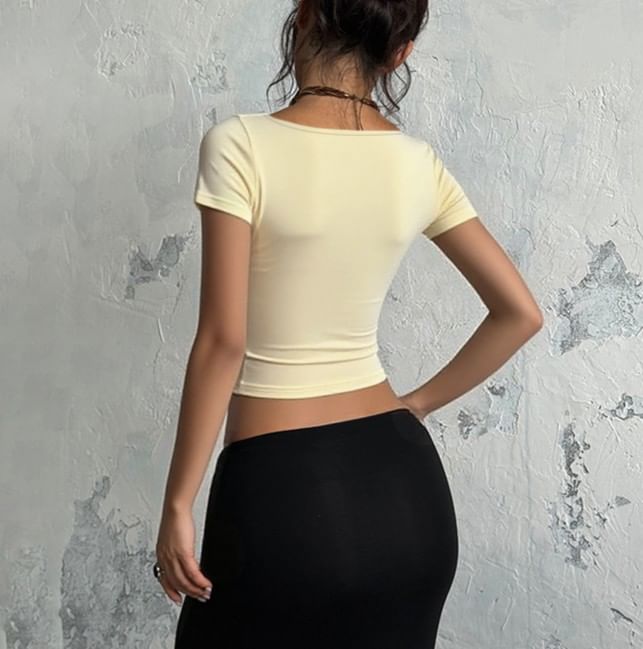 Square-Neck Short-Sleeve Tee with Lace Trim