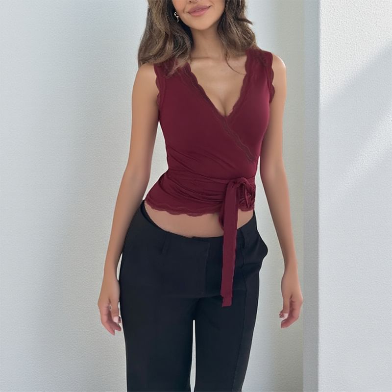 V-Neck Lace Trim Tie Waist Slim Crop Tank Top